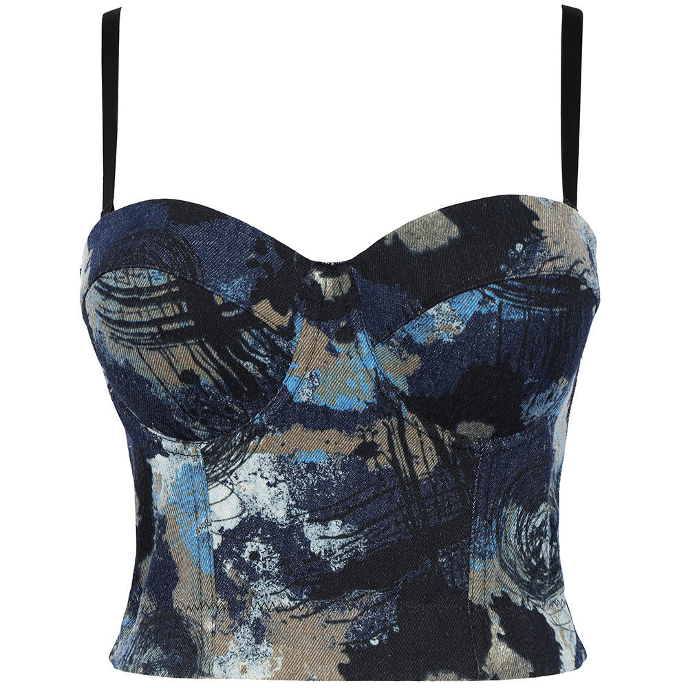 Dos nu à lacets Denim impression Camisole femmes vêtements d'extérieur Sexy gilet haut court haut tubulaire mince