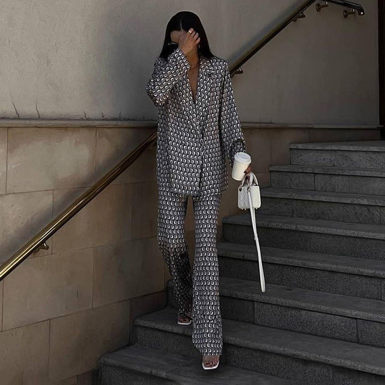 Women Clothing Long Sleeve Collared Bootleg Pants Printing Suit Street Matching Street