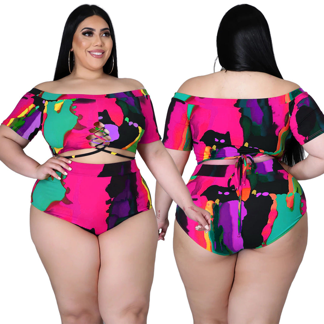 Plus Size Women Sexy Print Strap off-Shoulder Swimsuit Suit