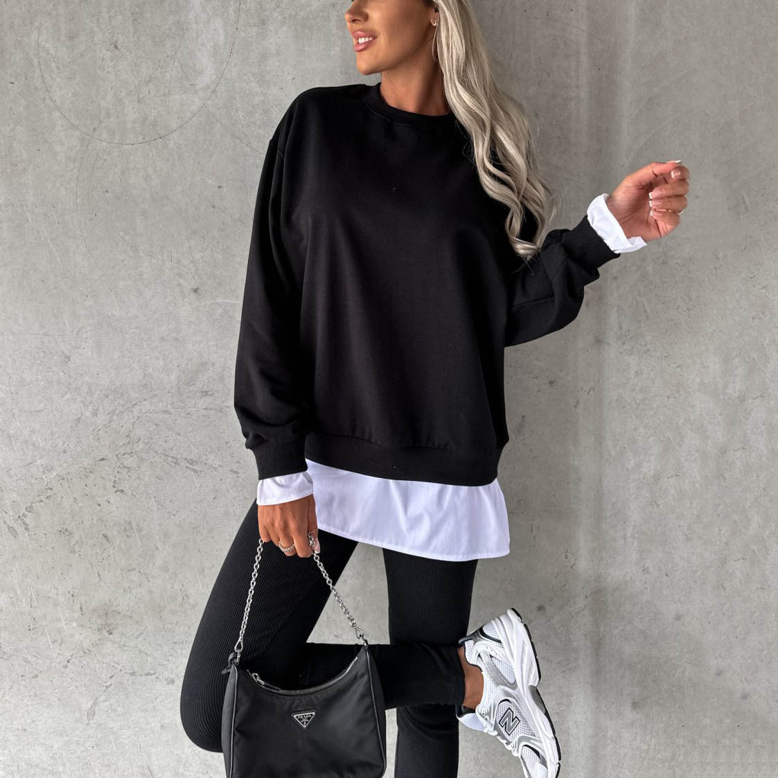 Women Clothing Autumn Winter Two Piece Suit Faux Two Pieces Casual Long Sleeve Sweatshirt Tops Rib Tight Trousers Suit for Women