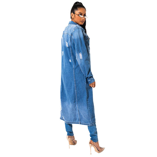 Loose V Neck Denim Trench Coat
