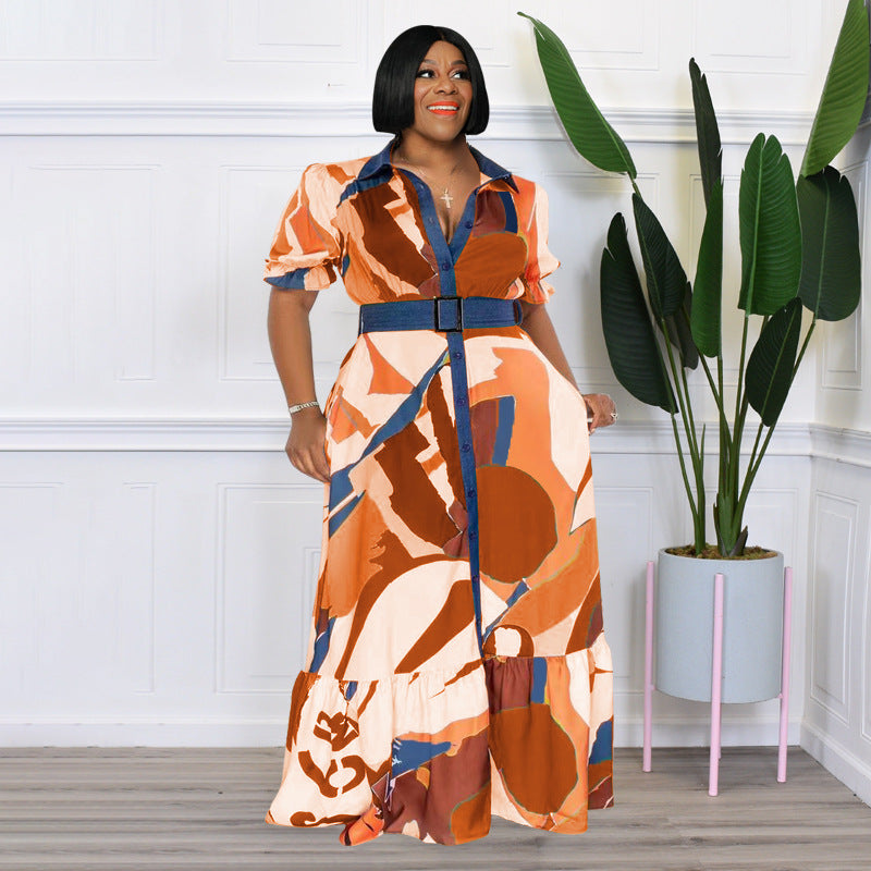 Plus Size Summer Color Printing with Belt Loose Women Clothing Dress