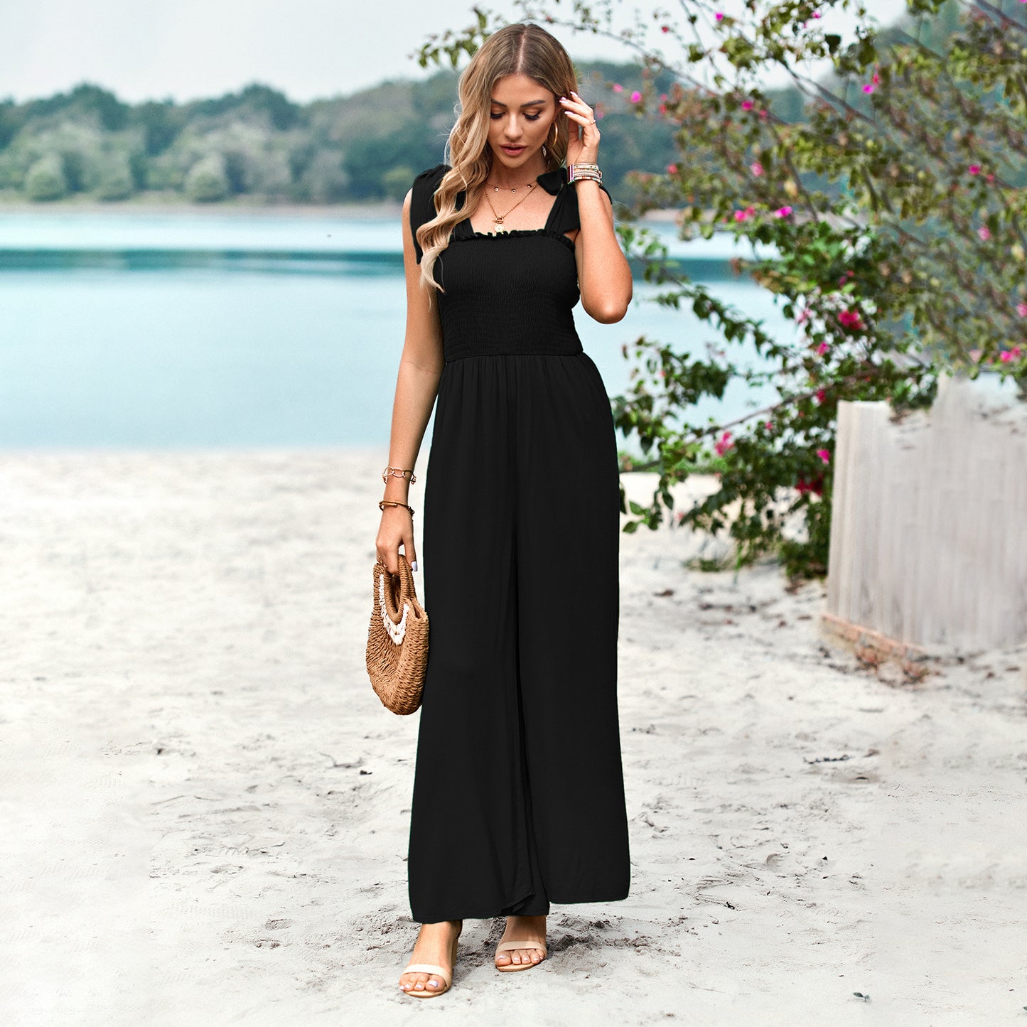 Women Clothing Spring Summer Casual Solid Color High Waist Chest Wrap Sling One Piece WideLeg Pants