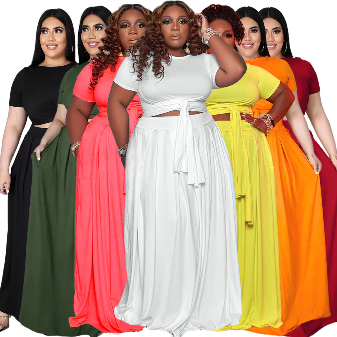 Plus Size Plus Size Women Solid Color Criss Cross Lace-up Large Swing Skirt Two-Piece Suit