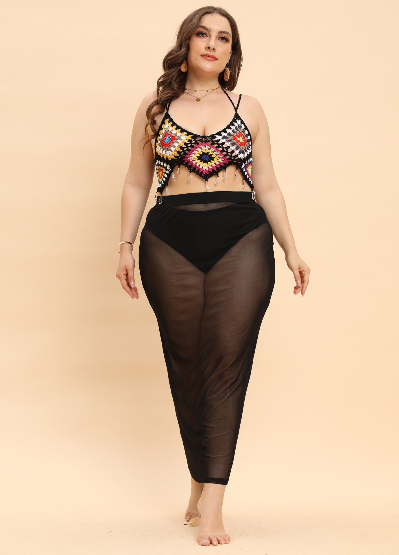 Plus Size Women Clothes Women Top Pure Hand Crocheting Random Color Stitching Pendant Banded Bikini Crochet Patchwork Macthing