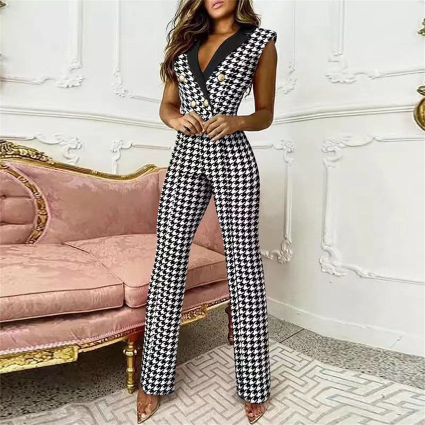 Printemps été femmes vêtements couleur correspondant bouton col en v sans manches pied-de-poule combinaison vêtements d'affaires pour les femmes