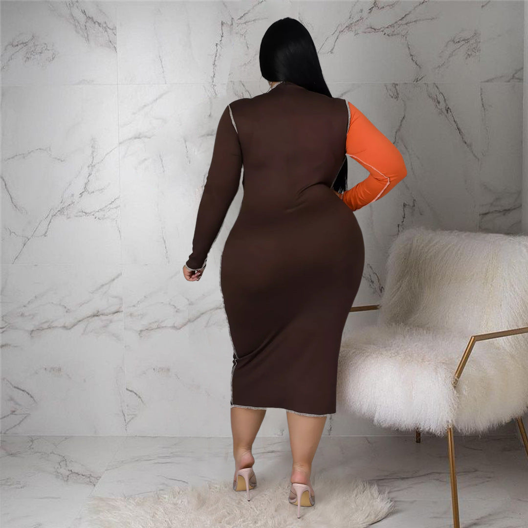 Plus Size Fashion Women Nightclub Uniforms Reverse Car Side Leopard Splicing Contrasting-Color Dress