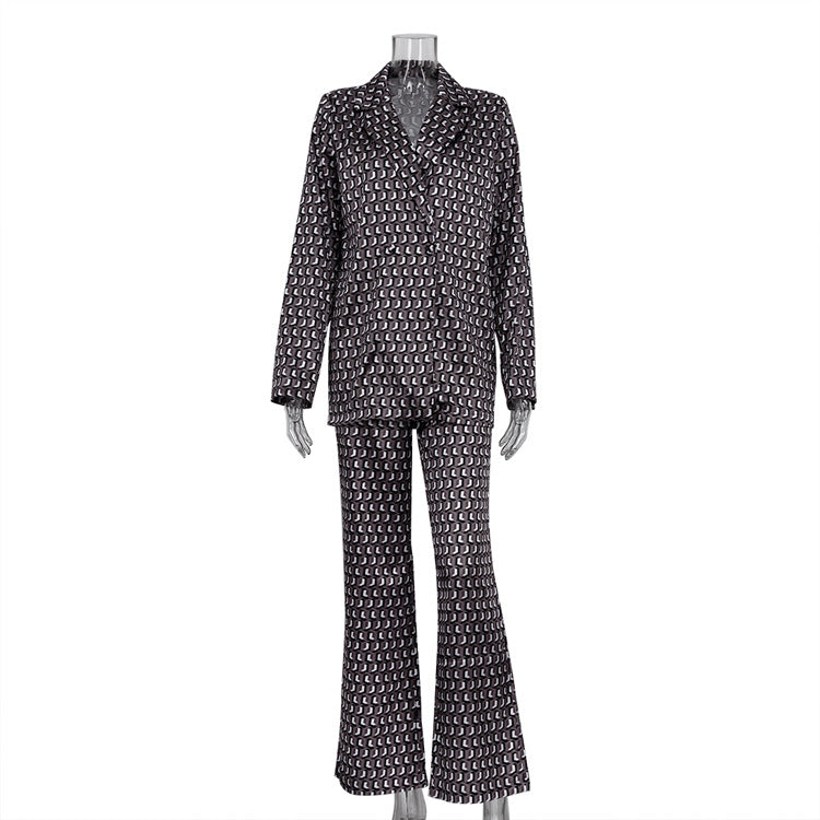 Women Clothing Long Sleeve Collared Bootleg Pants Printing Suit Street Matching Street