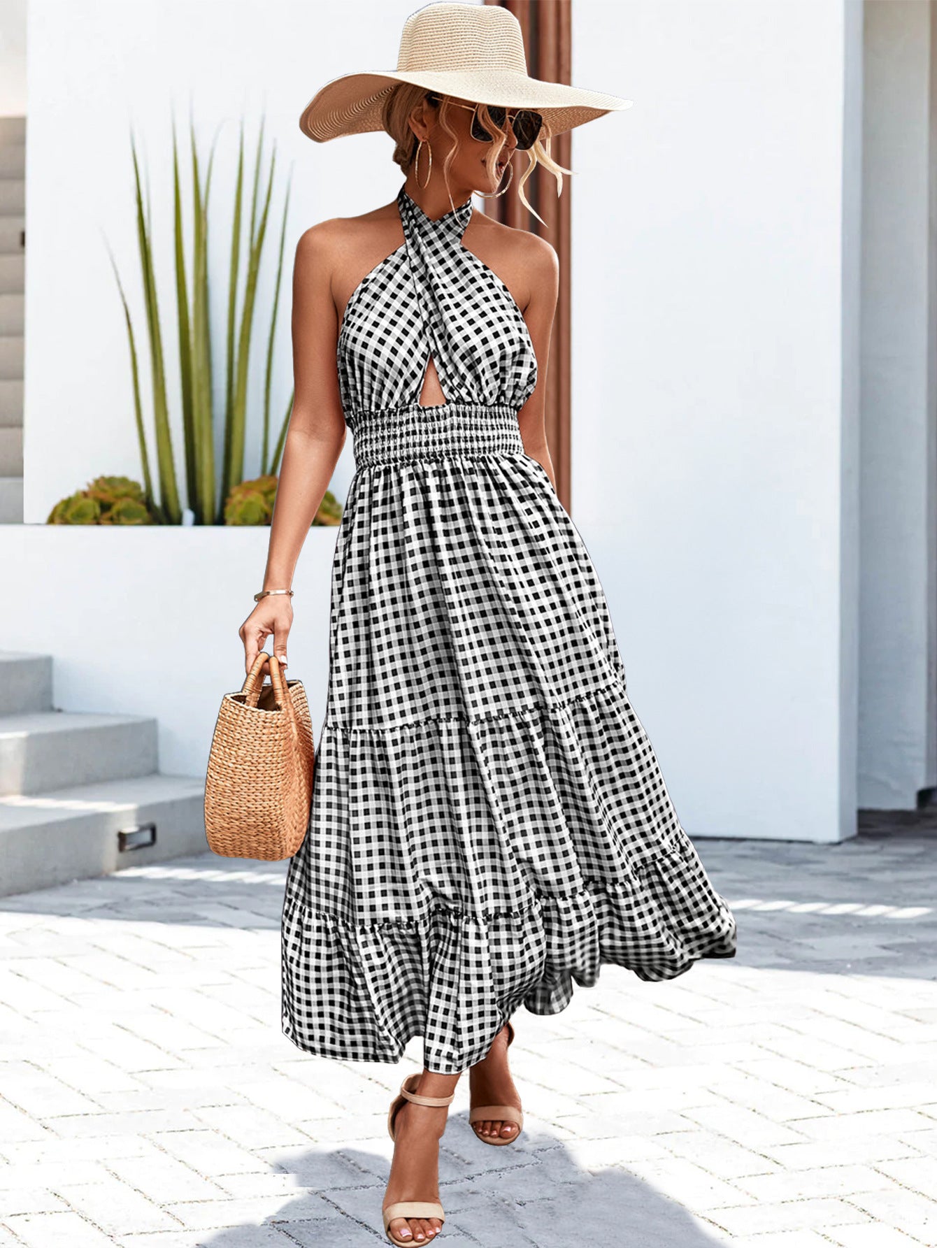 Robe d'impression à bretelles dos nu sexy printemps été