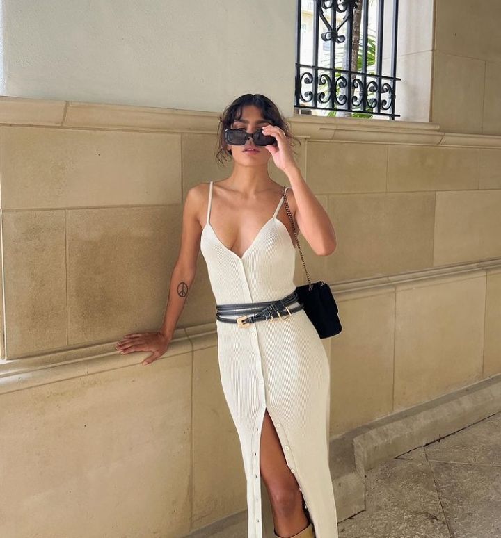 Spring Summer Single-Breasted V-neck Sexy Sling Front Slit Slim Dress