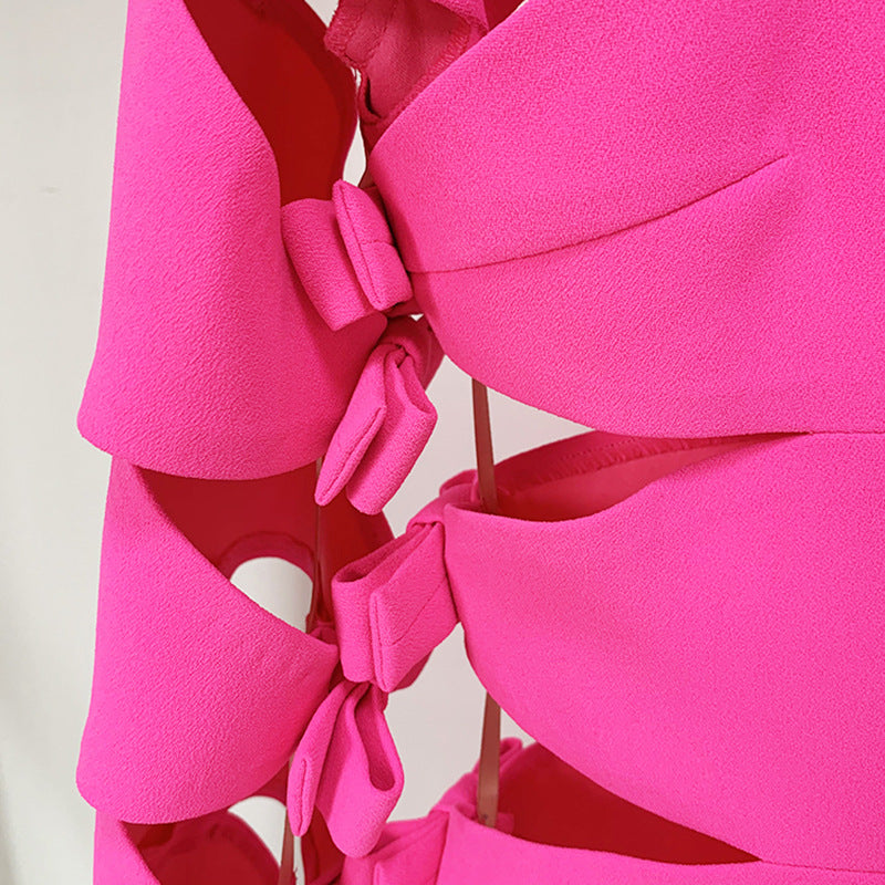 Star Sexy Personalized Hollow Out Cutout Bow Long Sleeve Dress Fluorescent Powder