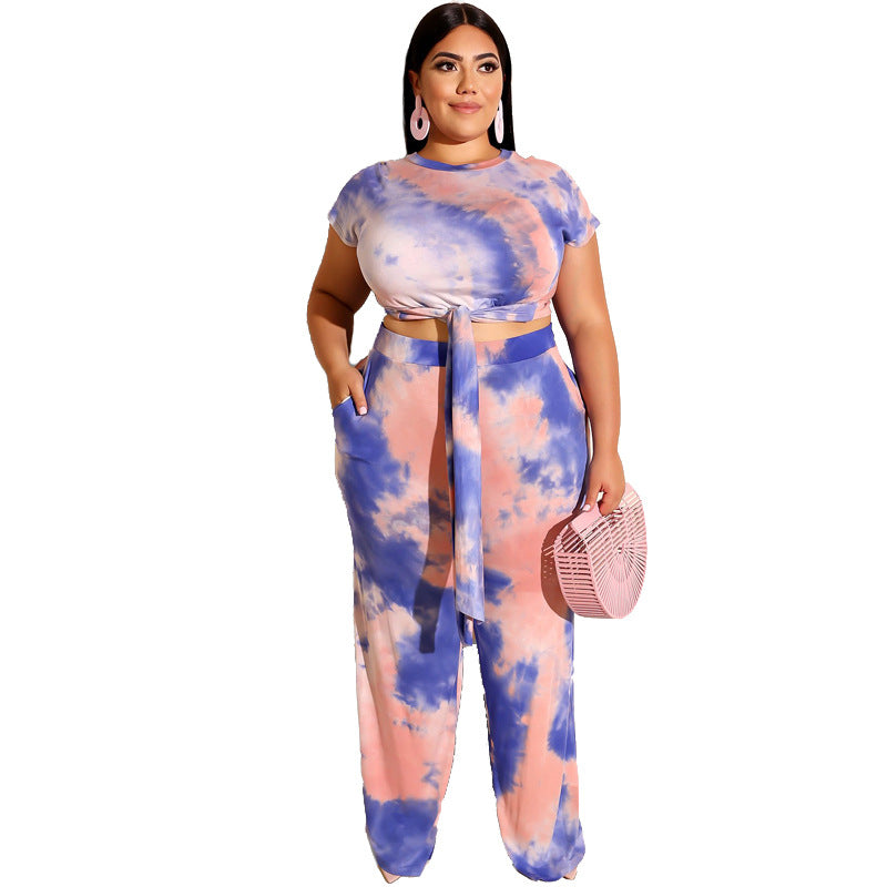 Completo da donna in due pezzi con lacci stampati tie-dye taglie forti