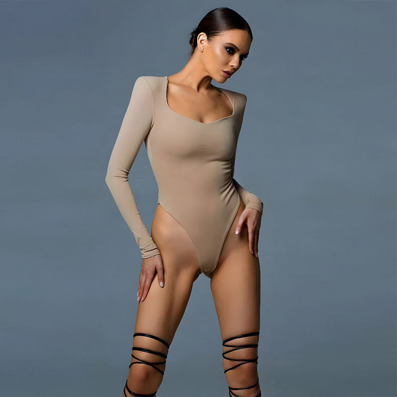 Popular Street Long Sleeve Low Neck Tight Jumpsuit T shirt Women Top
