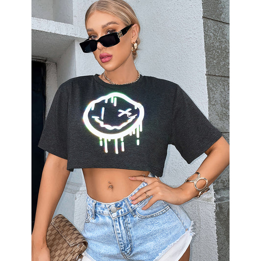 Cute Smiley Face Women Clothing All-Match Trendy Smiley Printed Reflective Short-Sleeved Street T-shirt