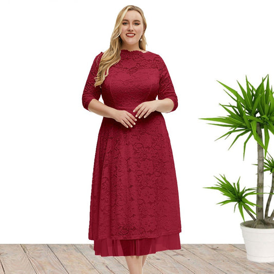 Plus Size Women Clothes Lace Evening Dress High Quality Solid Color Dress