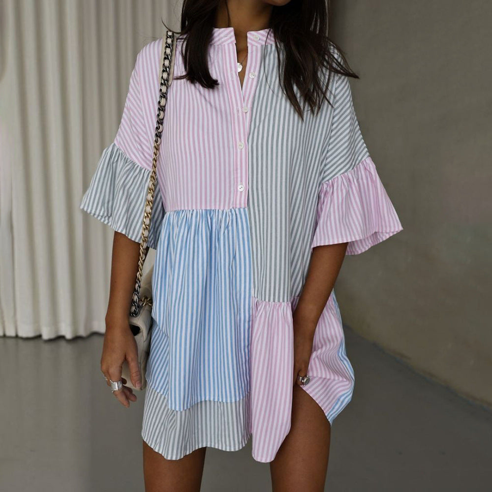 Rayé Impression Couleur Contraste Manches Courtes Tenue Décontractée Printemps Eté Femme Vêtements