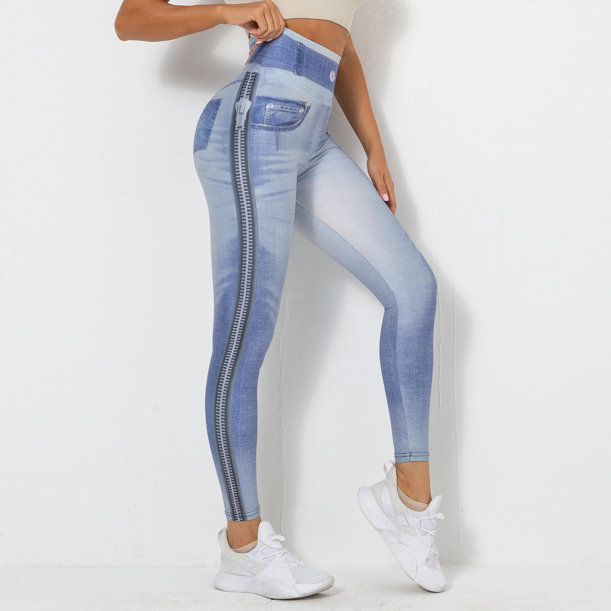 Nouvelle impression numérique Denim bleu serré haute élastique séchage rapide pantalons de yoga sport course pantalons de fitness pour les femmes