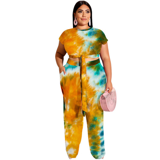 Completo da donna in due pezzi con lacci stampati tie-dye taglie forti