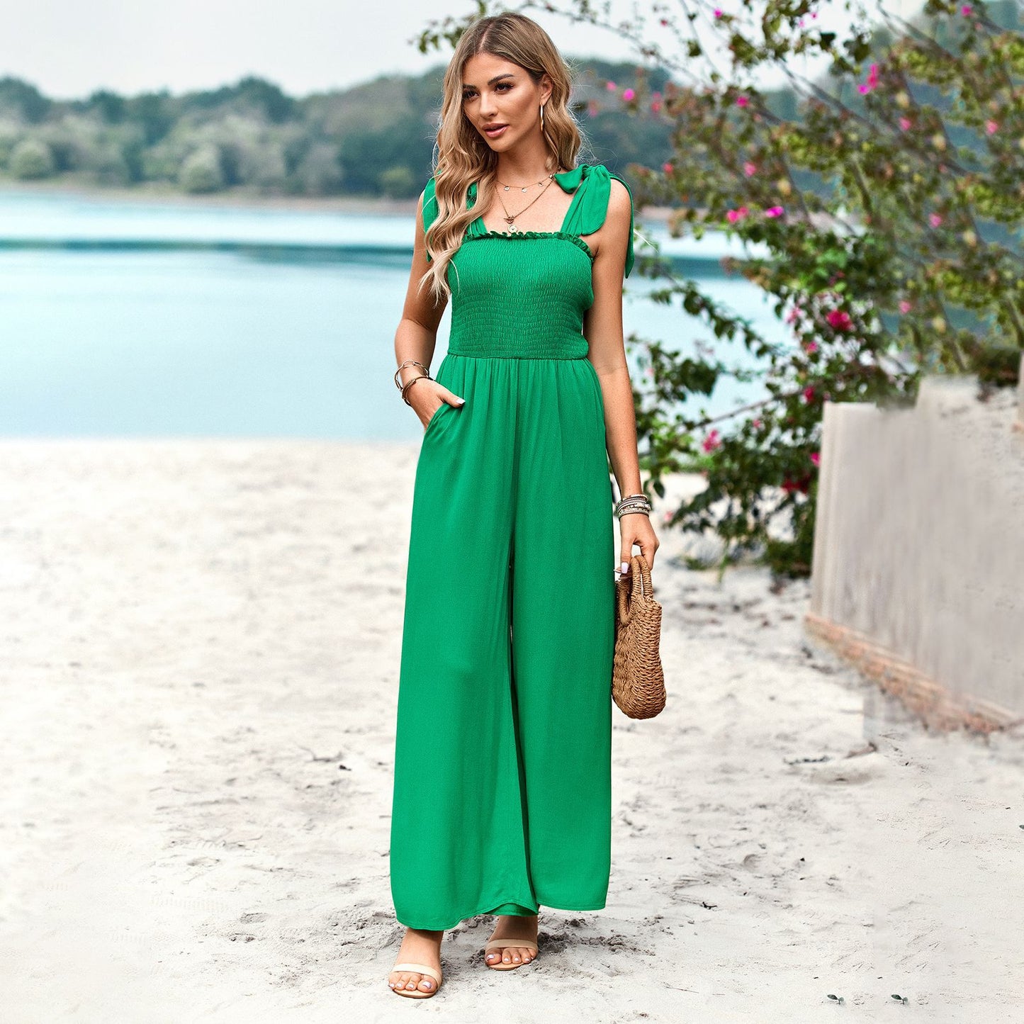 Women Clothing Spring Summer Casual Solid Color High Waist Chest Wrap Sling One Piece WideLeg Pants