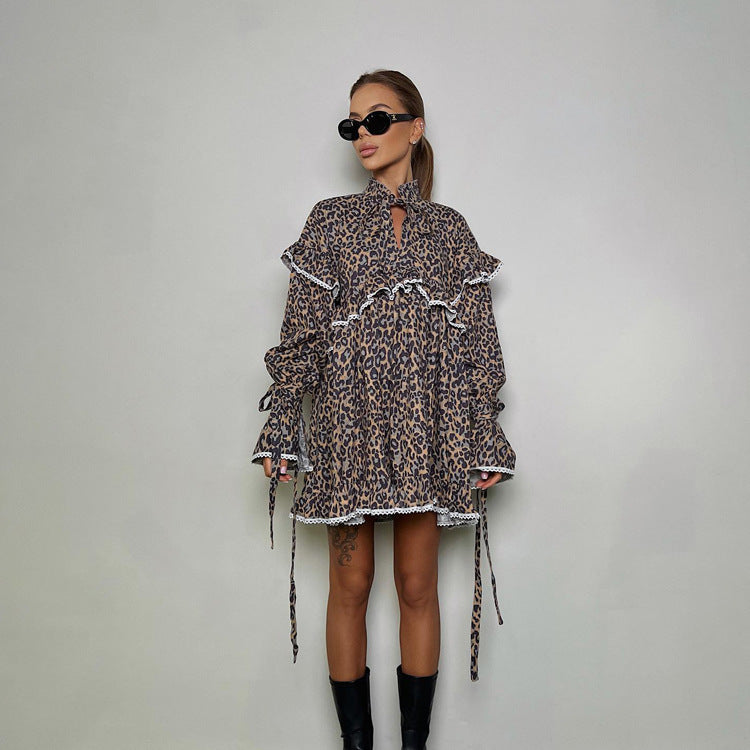 Printed Dress Flared Sleeves Lace up Dress Women
