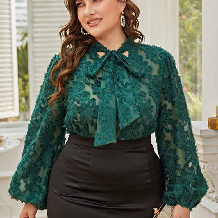 Plus Size Women Lace up Bow Top Long Sleeve Office Loose Middle East Women