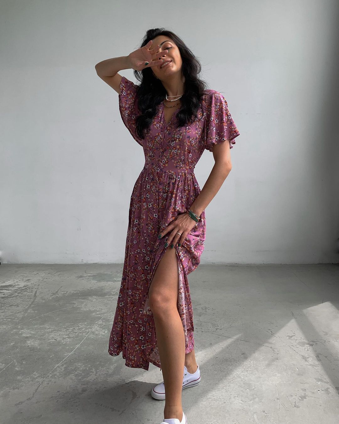 Robe à fleurs fendue à taille mi-longue printemps-été