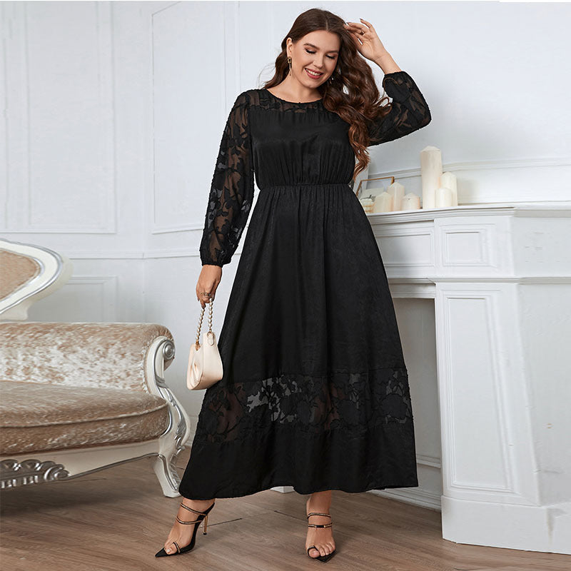 Plus Size Chubby over the Knee Lace Dress Slimming Long Sleeve Elegant High Sense