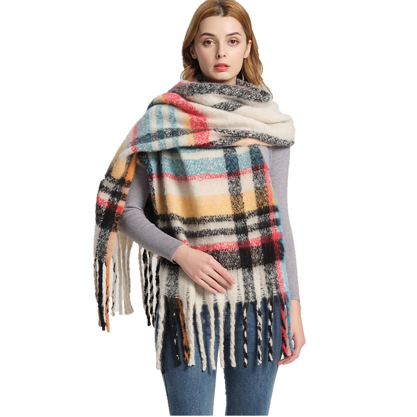 Shawl Autumn Winter Circle Yarn Plaid Thick Tassel Scarf