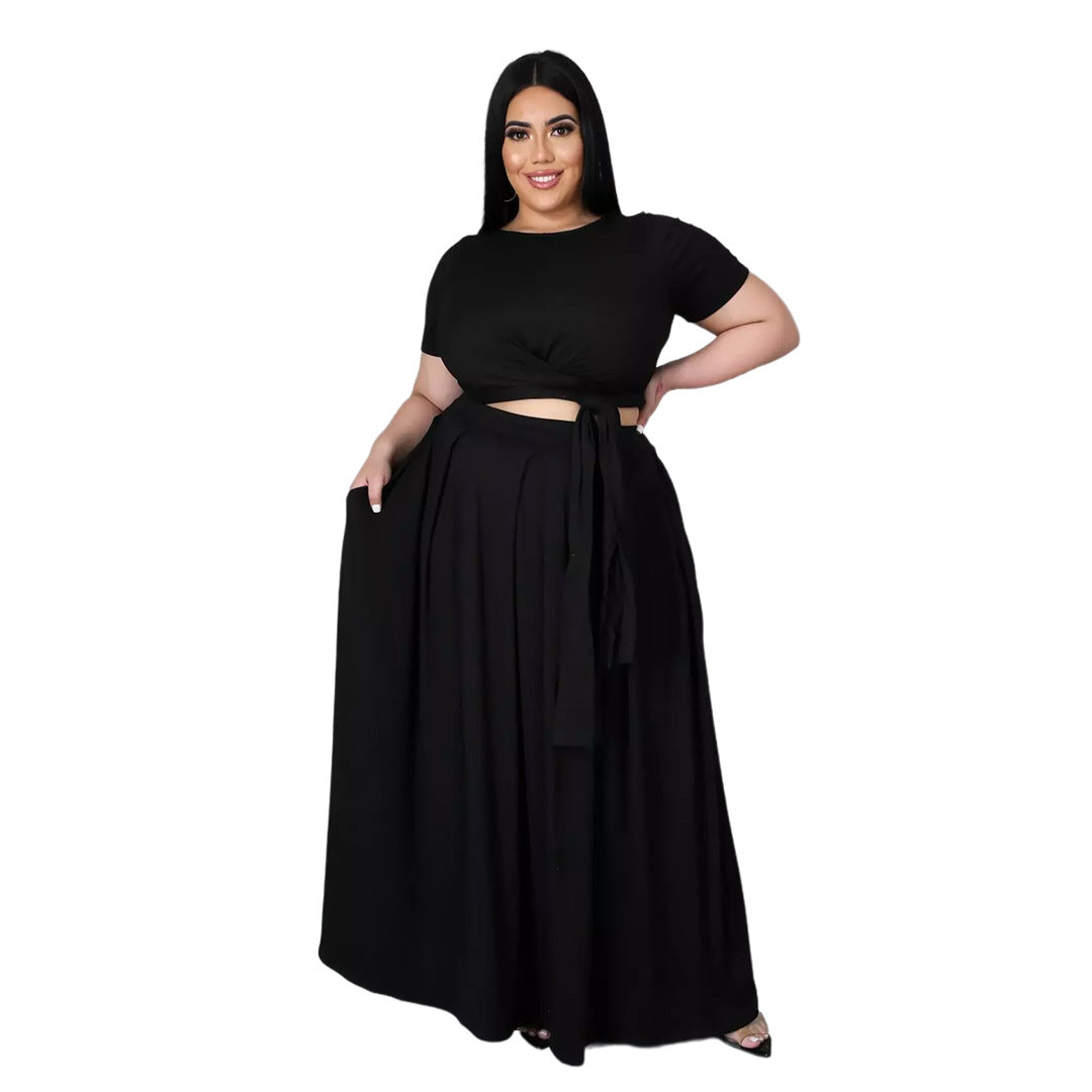 Plus Size Plus Size Women Solid Color Criss Cross Lace-up Large Swing Skirt Two-Piece Suit