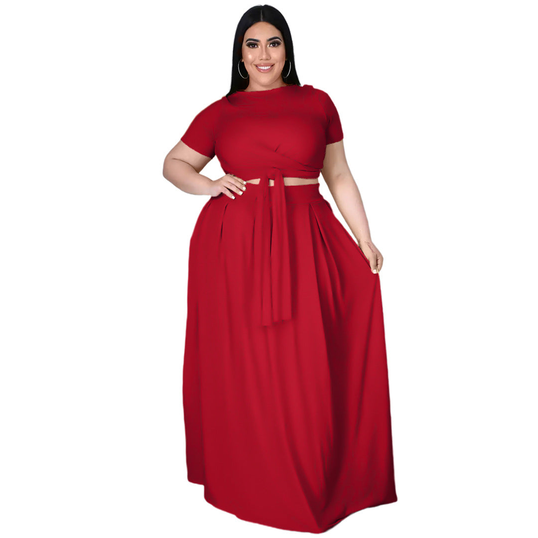Plus Size Plus Size Women Solid Color Criss Cross Lace-up Large Swing Skirt Two-Piece Suit