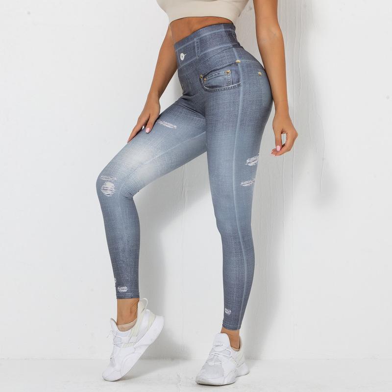 Nouvelle impression numérique Denim bleu serré haute élastique séchage rapide pantalons de yoga sport course pantalons de fitness pour les femmes