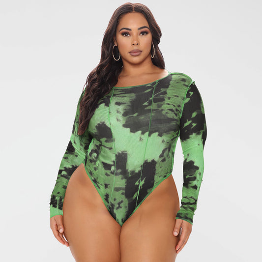 Plus Size Spring Women Clothing round Neck Print Long Sleeves Tight Breasted Jumpsuit