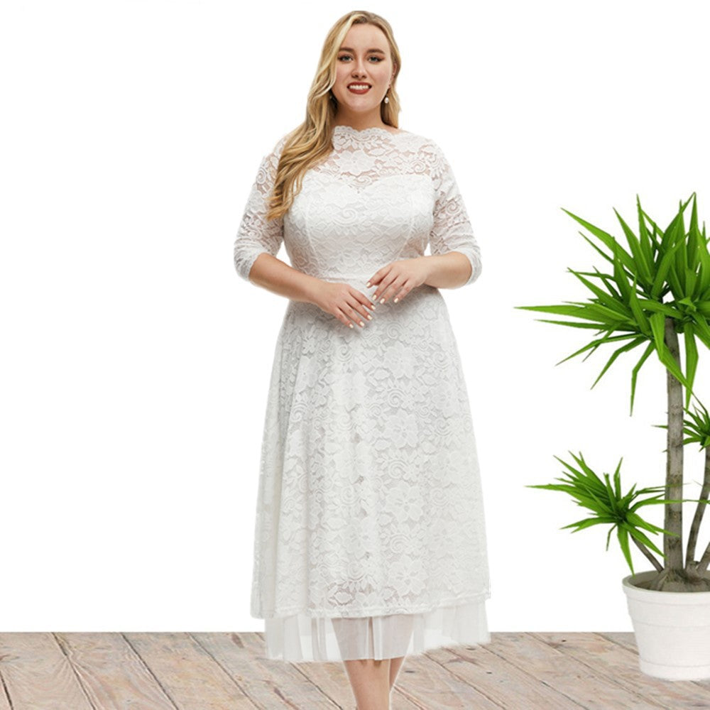 Plus Size Women Clothes Lace Evening Dress High Quality Solid Color Dress