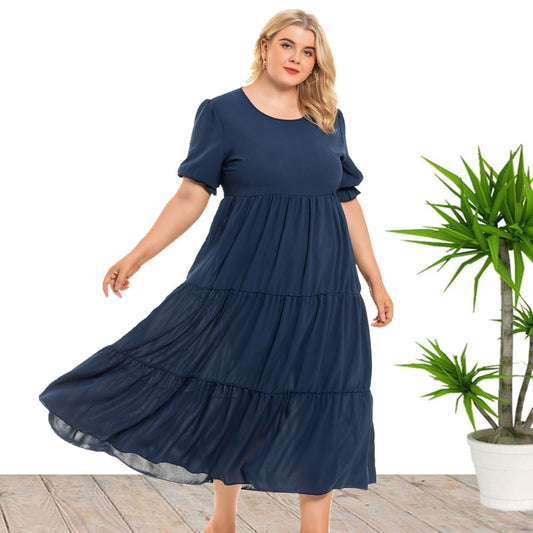 Plus Size Summer round Neck Girls Bohemian Women Clothes Short Sleeve Dress