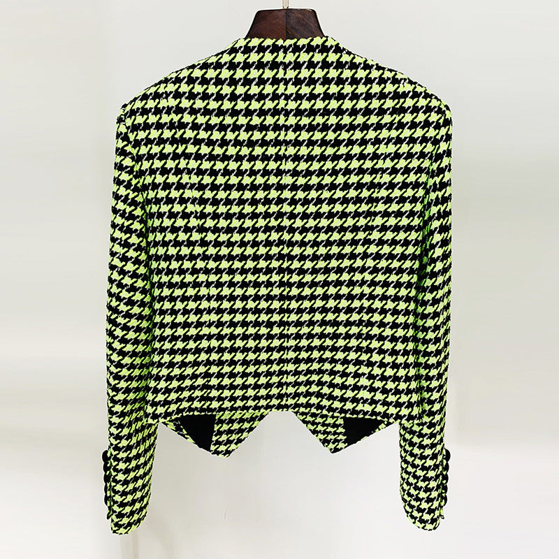 Cool Logo Beaded round Neck Fluorescent Green Houndstooth Woolen Jacket Coat