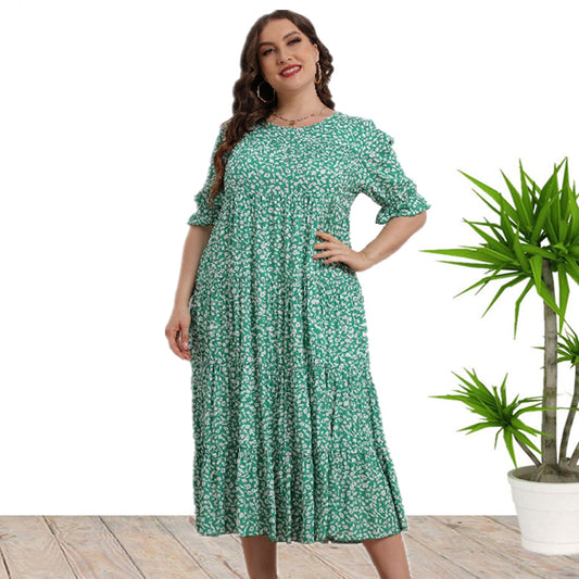 Plus Size Summer Women Clothes Short Sleeve Rayon Printed Loose Dress