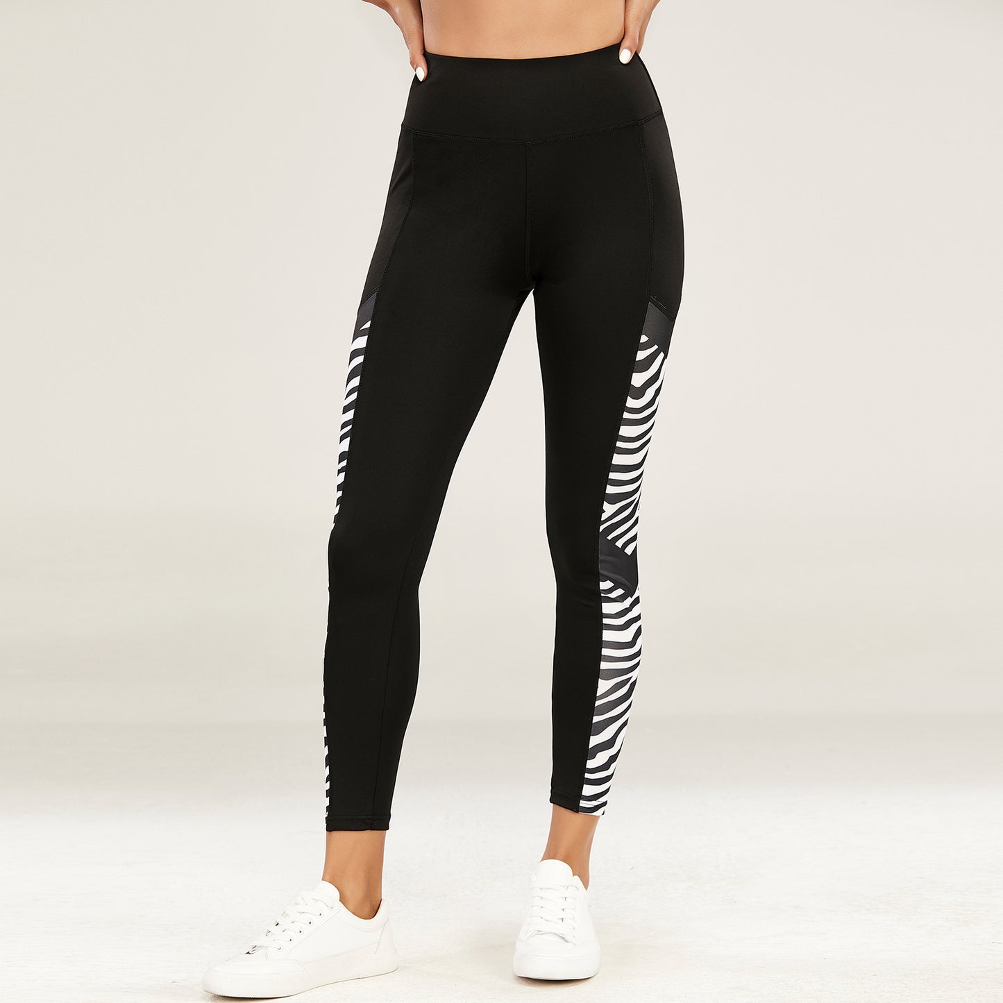 Pantalon de sport taille haute serré noir blanc coutures impression pieds extensibles pantalons de yoga femmes