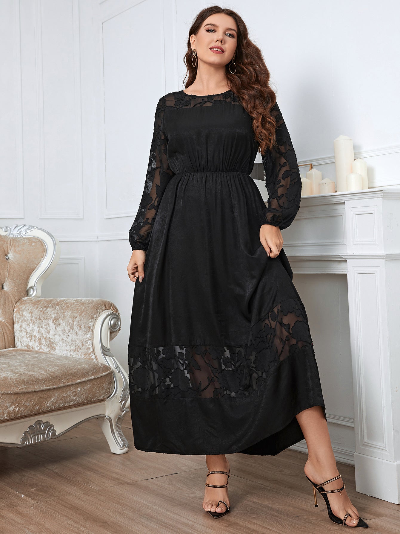 Plus Size Chubby over the Knee Lace Dress Slimming Long Sleeve Elegant High Sense