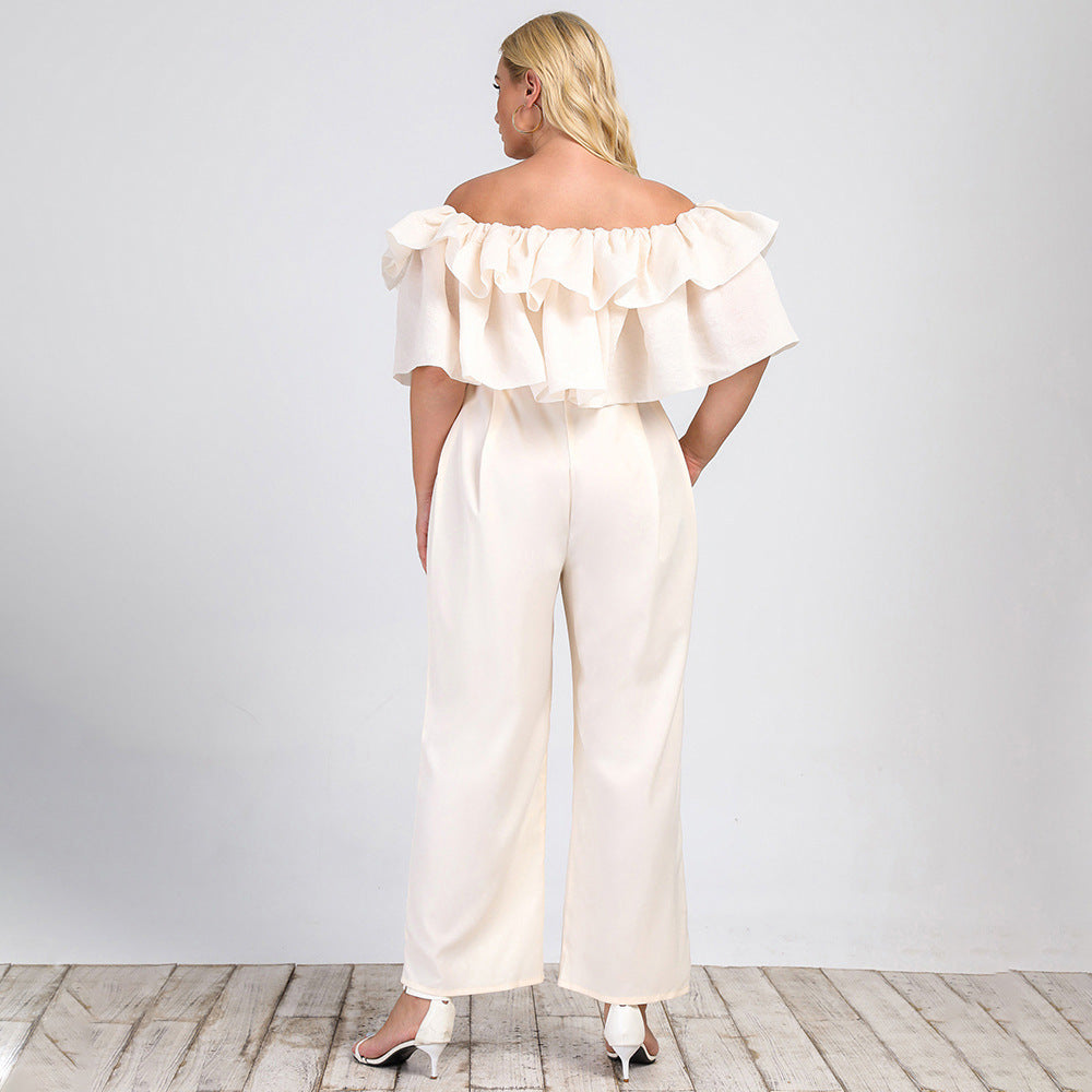 Grande taille femmes vêtements été nouveau Lotus Edge hors épaule solide jambe droite bureau pantalon décontracté combinaison