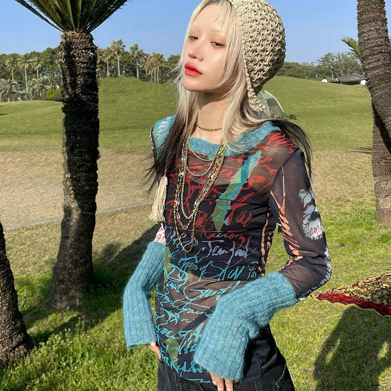 Round Neck Pullover Long Sleeve Mesh Printed Casual Women Clothing Top
