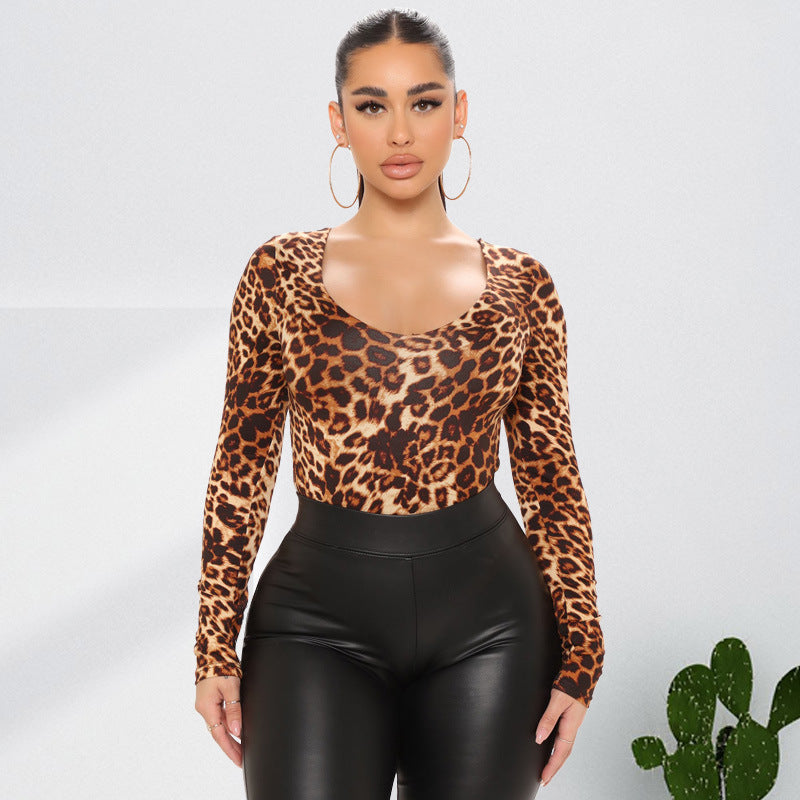 Plus Size Women Clothes Leopard Print Sexy Long Sleeve Jumpsuit