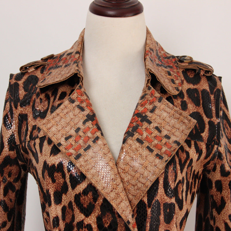 Goods Snakeskin Leopard Print Long Trench Coat Goddess Long Sleeve Leather Jacket Women Overcoat