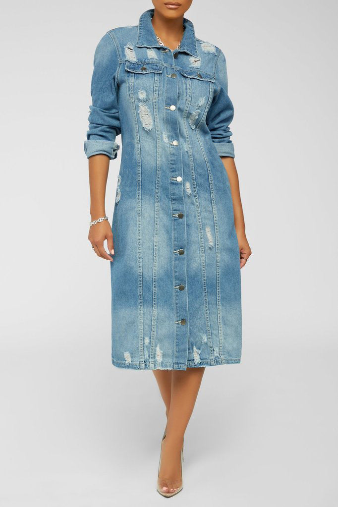 Loose V Neck Denim Trench Coat