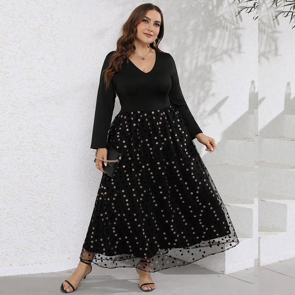 Plus Size Women Casual V Neck Long Sleeve Polka Dot Printed Pattern Swing Long Dress