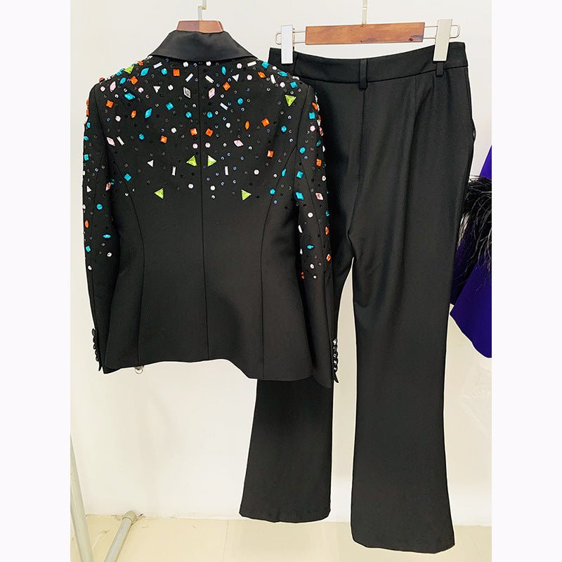 Marchandises Lourde Industrie Perles Cristaux Colorés Slim Fit Blazer Bootcut Pantalon Blazer Costume Ensemble Deux Pièces