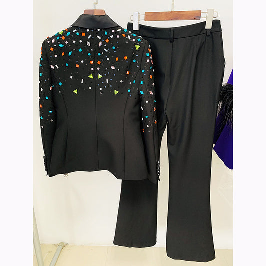 Goods Heavy Industry Beads Colorful Crystals Slim Fit Blazer Bootcut Pants Blazer Suit Set Two Pieces
