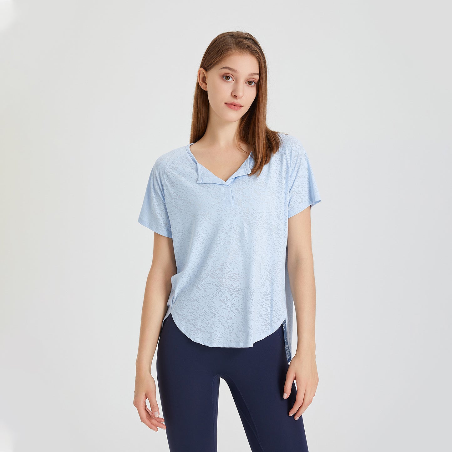 Été lâche respirant col en V Yoga vêtements à manches courtes t-shirt neige motif course sport Blouse entraînement haut femmes