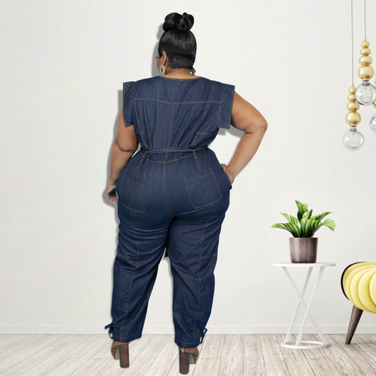 Plus Size Women Clothing New Denim Short Sleeve Wash Jumpsuit Trousers Sexy New