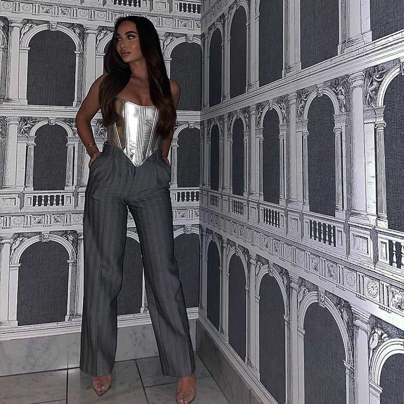 Femmes Vêtements Printemps Métallisé Taille Top Sexy Base Shirt