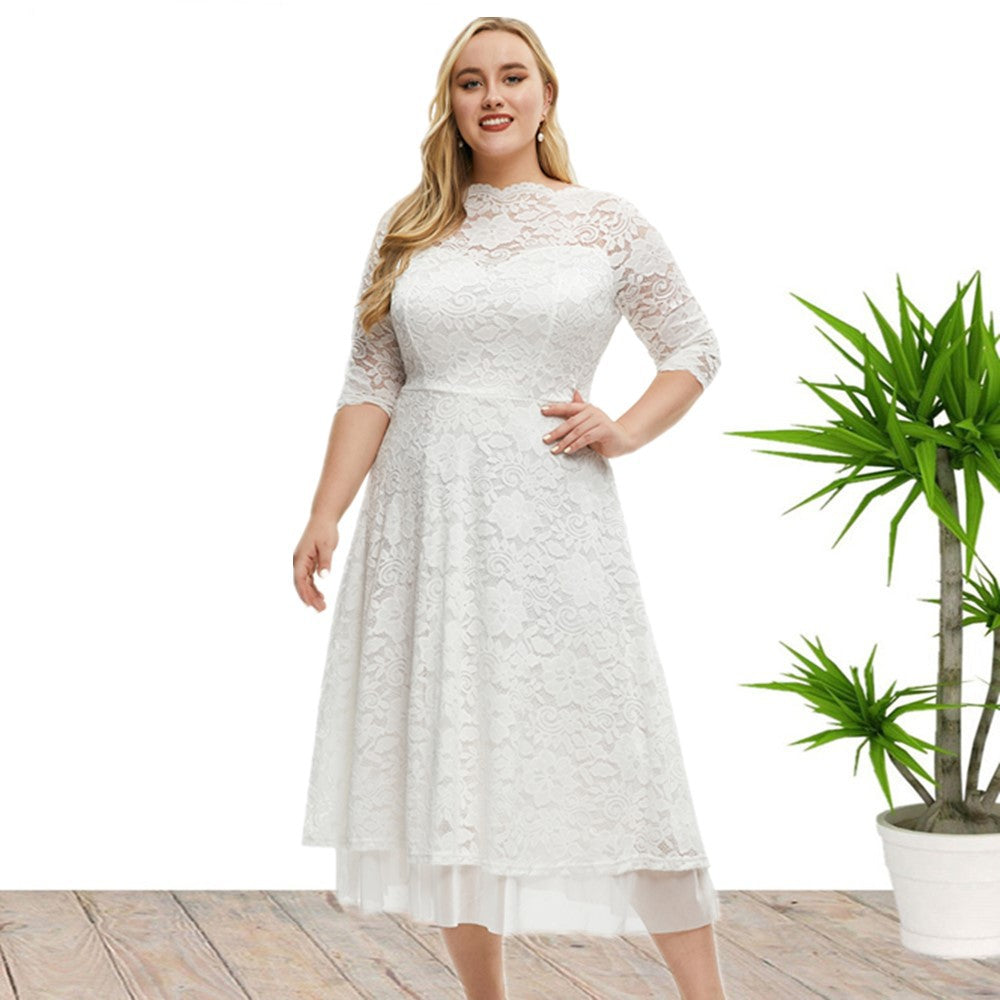 Plus Size Women Clothes Lace Evening Dress High Quality Solid Color Dress
